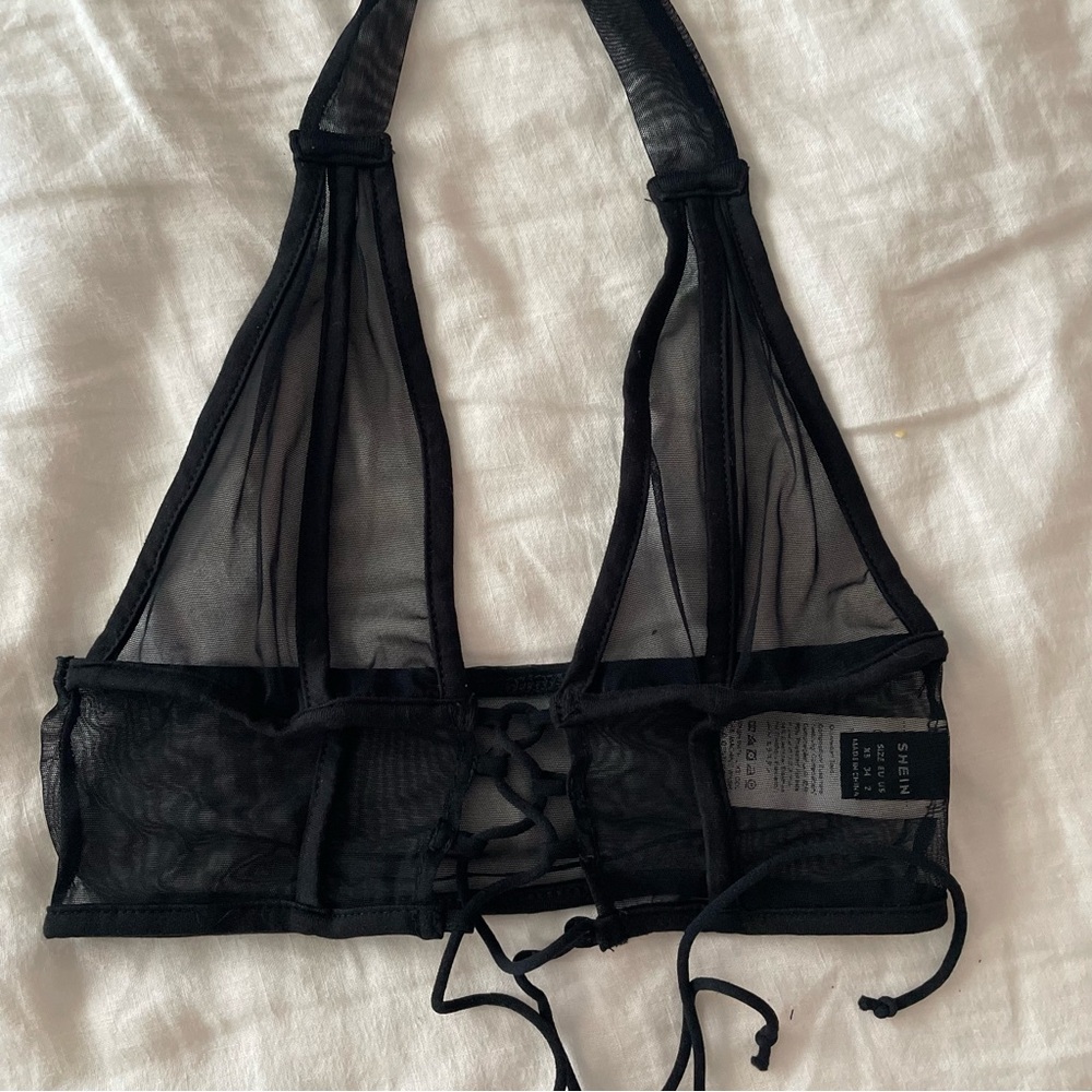 BLACK MESH TIE CROP TOP